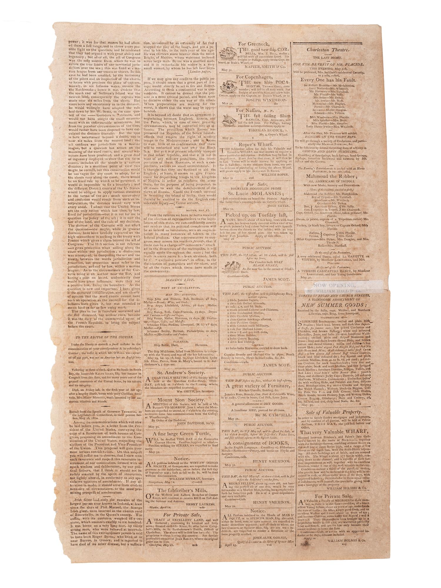 [SLAVERY & ABOLITION]. Charleston Courier. Vol. 2, No. 128. Charleston, SC: A.S. Willington, 31 May 1804.