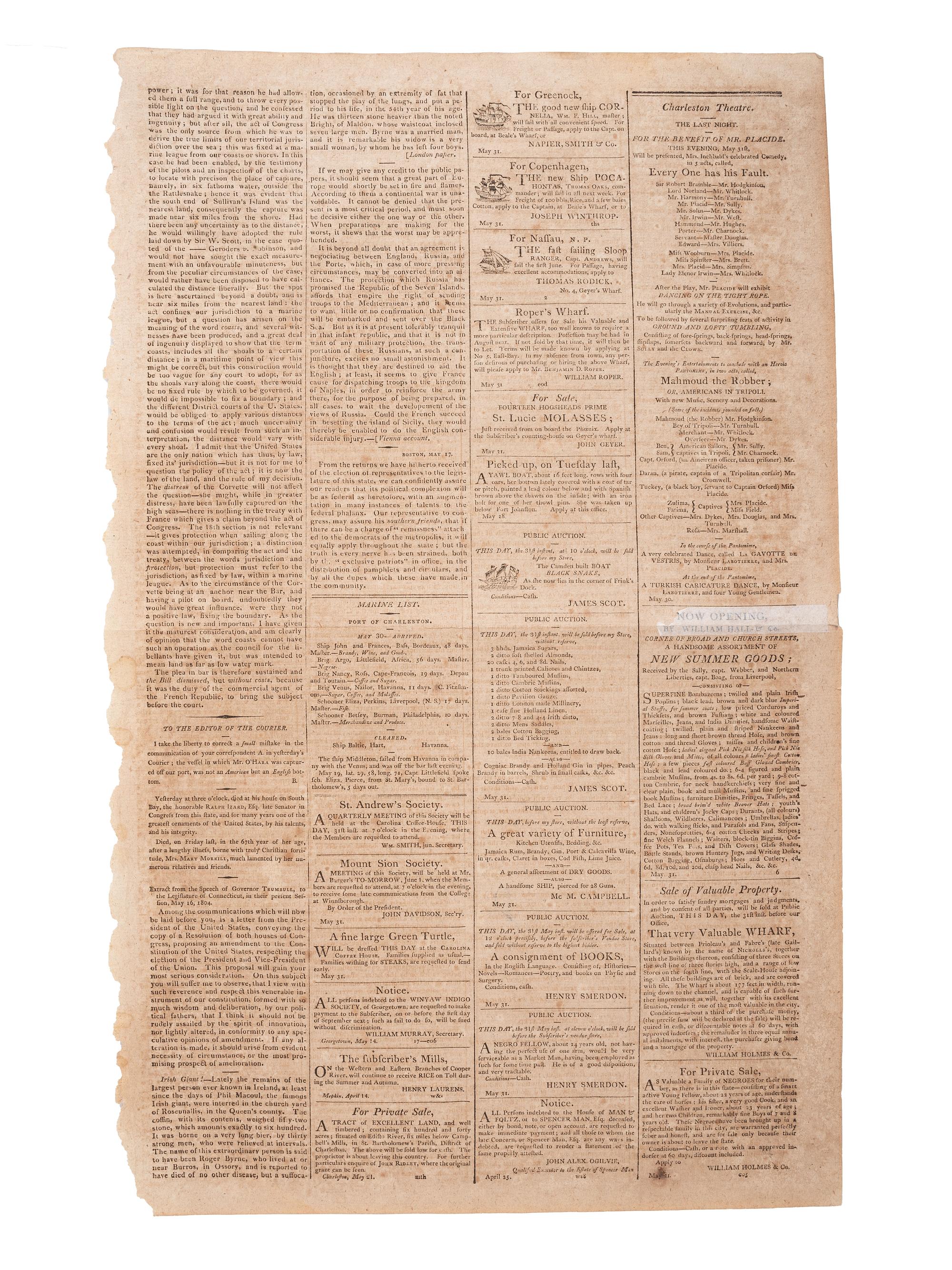 [SLAVERY & ABOLITION]. Charleston Courier. Vol. 2, No. 128. Charleston, SC: A.S. Willington, 31 May 1804.
