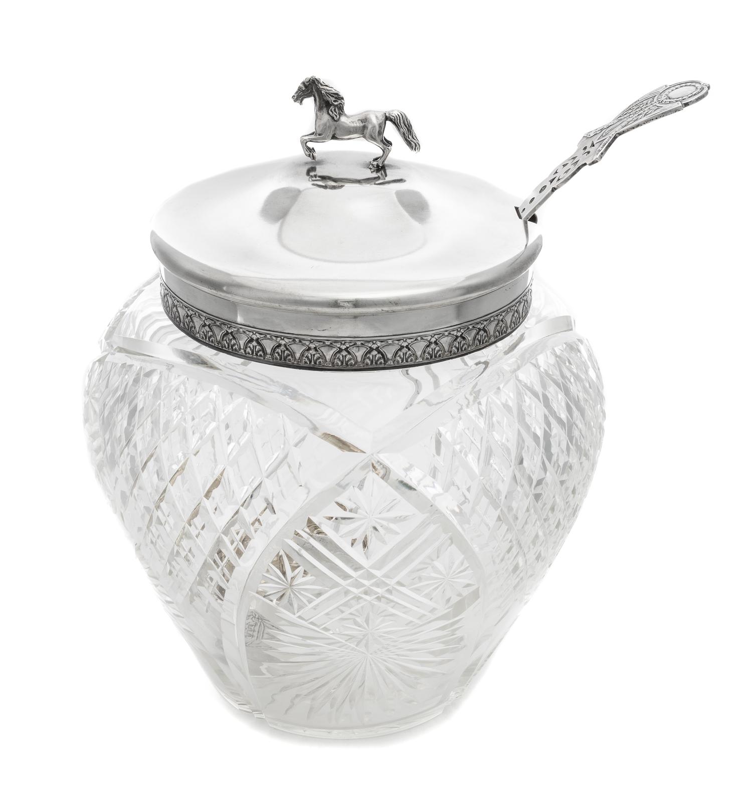 A Russian Silver and Cut Glass Punch Bowl and Ladle, Mark of the 2nd Artel, Moscow, Early 20th century, the lid with a horse finial, th
