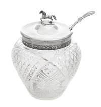 A Russian Silver and Cut Glass Punch Bowl and Ladle, Mark of the 2nd Artel, Moscow, Early 20th century, the lid with a horse finial, th