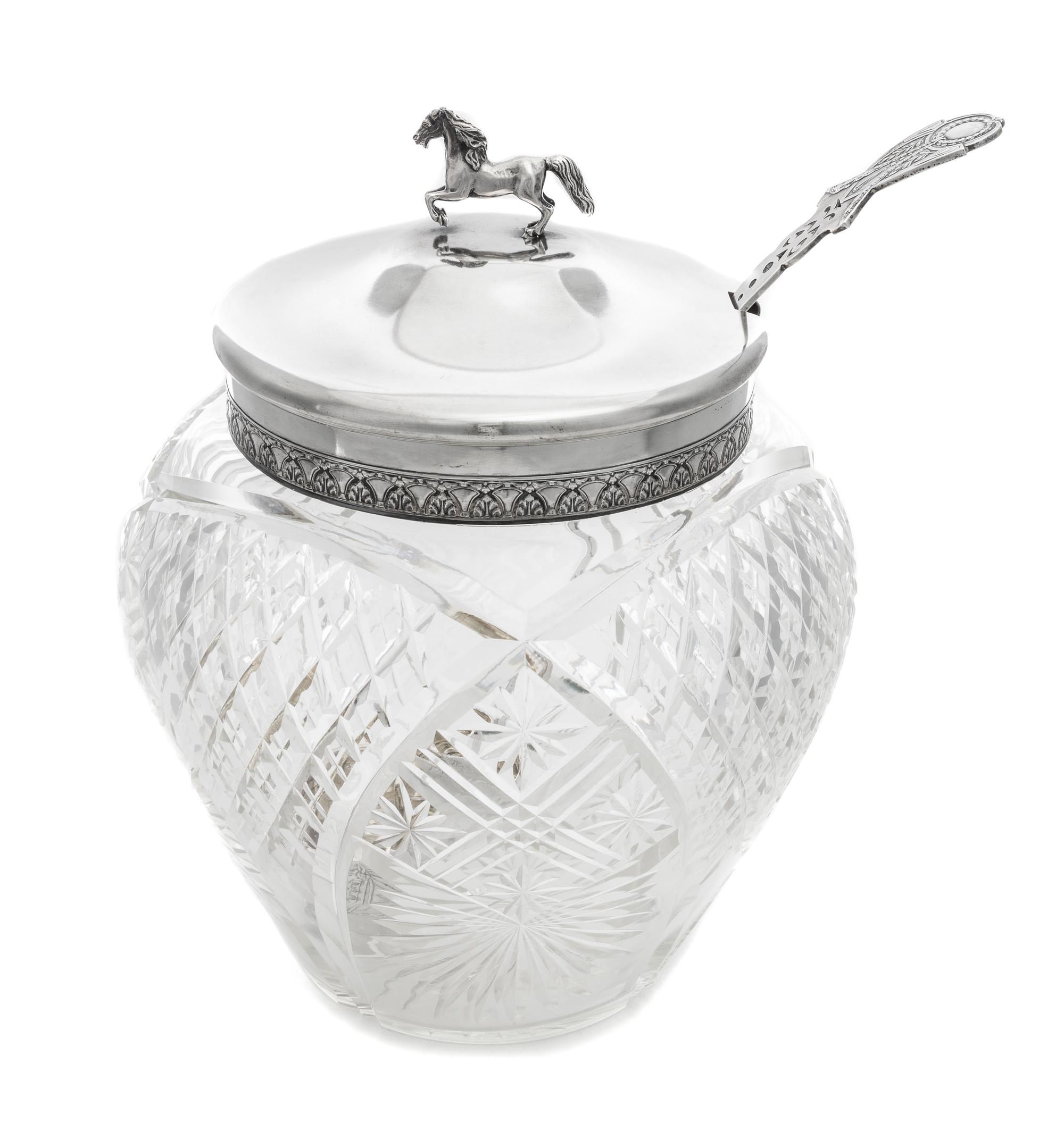 A Russian Silver and Cut Glass Punch Bowl and Ladle, Mark of the 2nd Artel, Moscow, Early 20th century, the lid with a horse finial, th