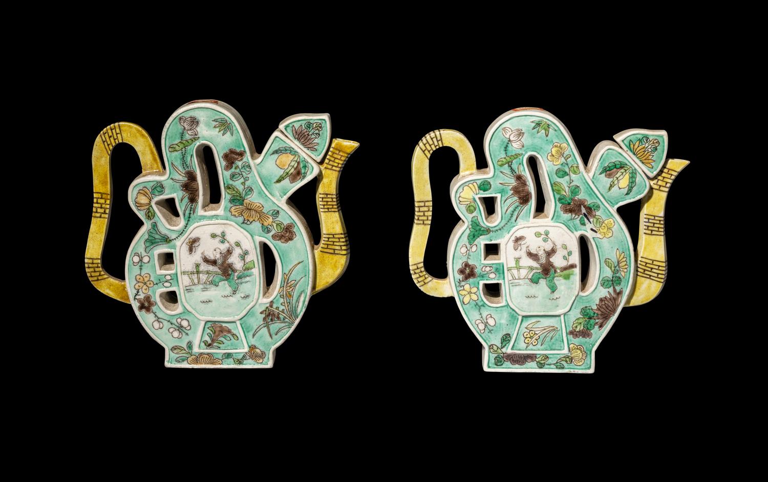 A Pair of Chinese Famille Verte Porcelain Shou Teapots