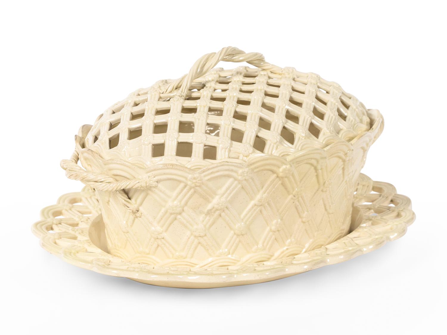 An English Creamware Covered Basket and Underplate