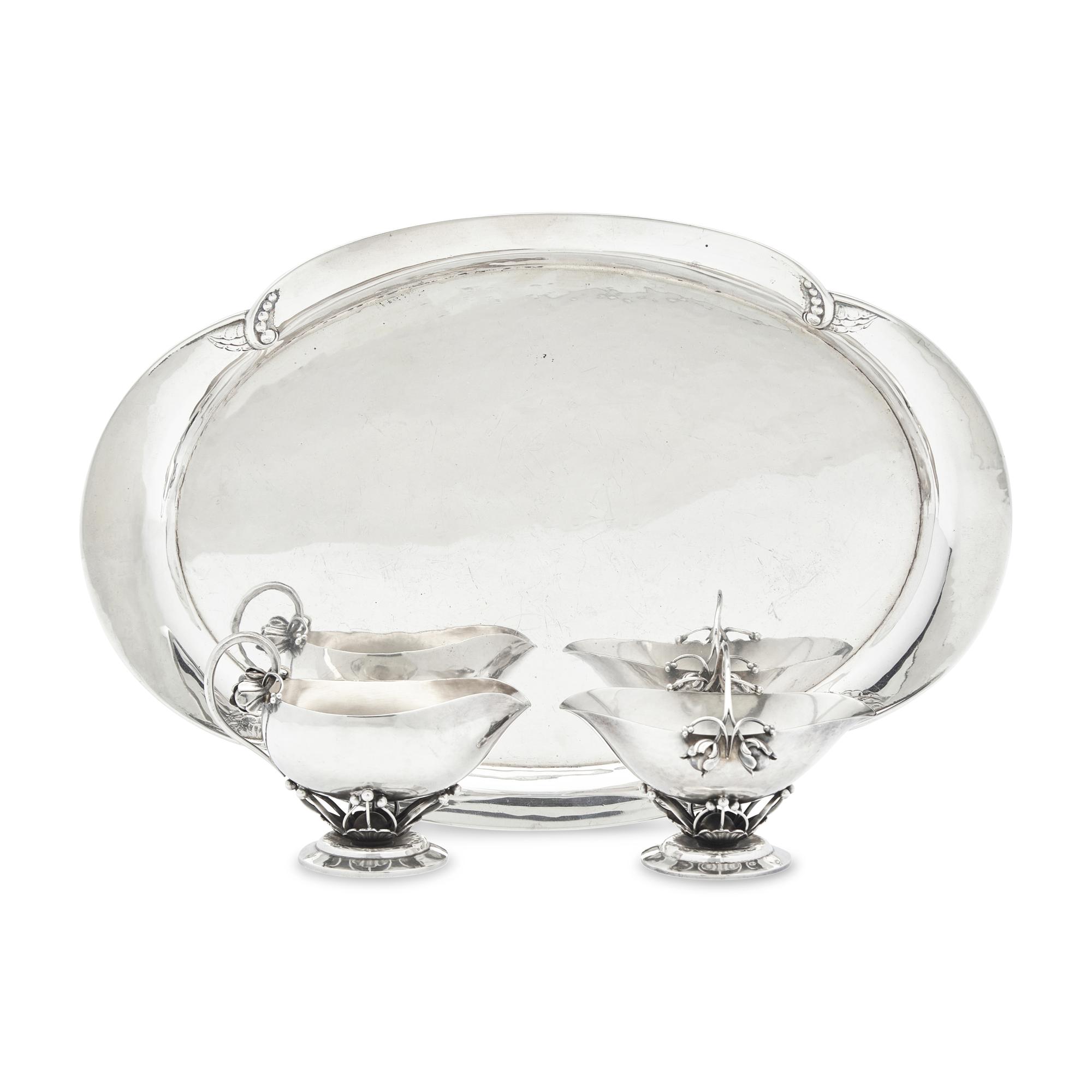 A Georg Jensen Silver Creamer and Sugar with Tray