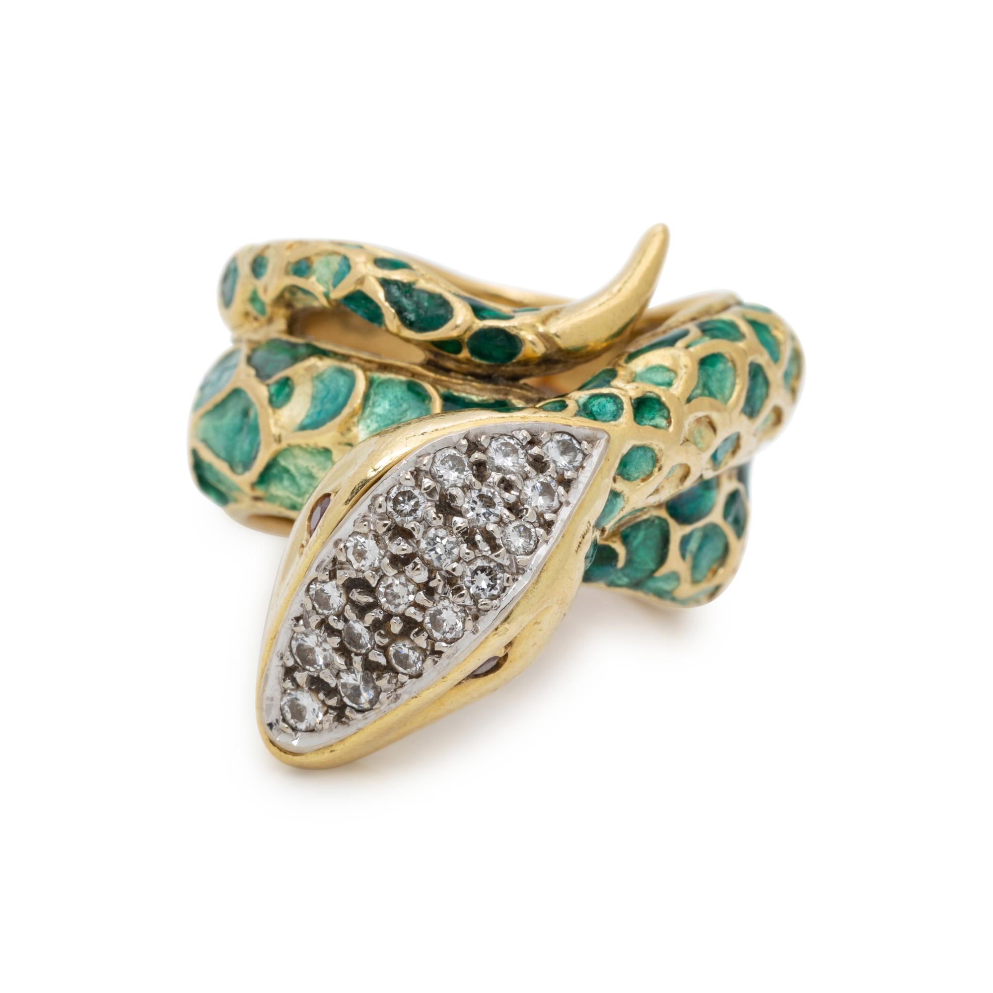 BORIS LEBEAU, ENAMEL, DIAMOND AND RUBY SNAKE RING