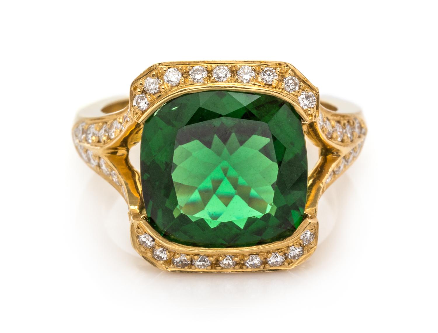 An 18 Karat Yellow Gold, Green Tourmaline and Diamond Ring, 5.85 dwts.
