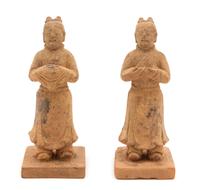 A Pair of Chinese Pottery Figures of Males Height of taller 7 1/4 inches. — JIN DYNASTY