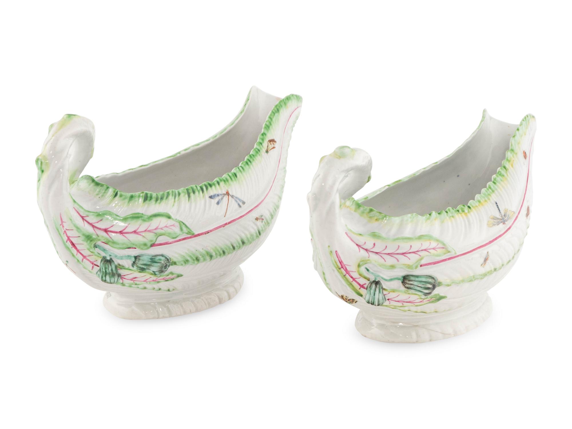 A Pair of Worcester Porcelain Leaf-Molded Sauce Boats