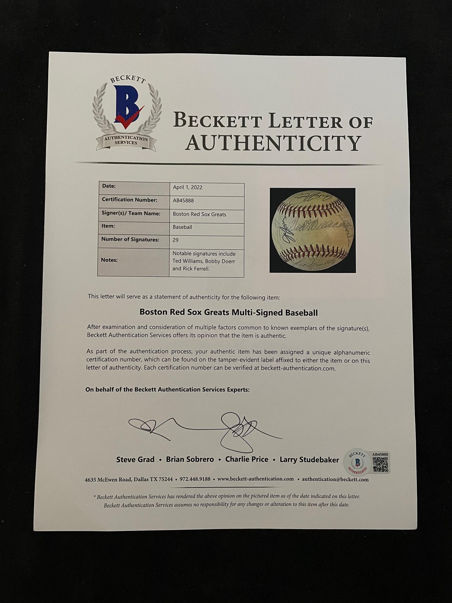 A Boston Red Sox Multi Signed Autograph Baseball With 29 Signatures Including Ted Williams (Beckett Authentication Services Letter BAS Certified),