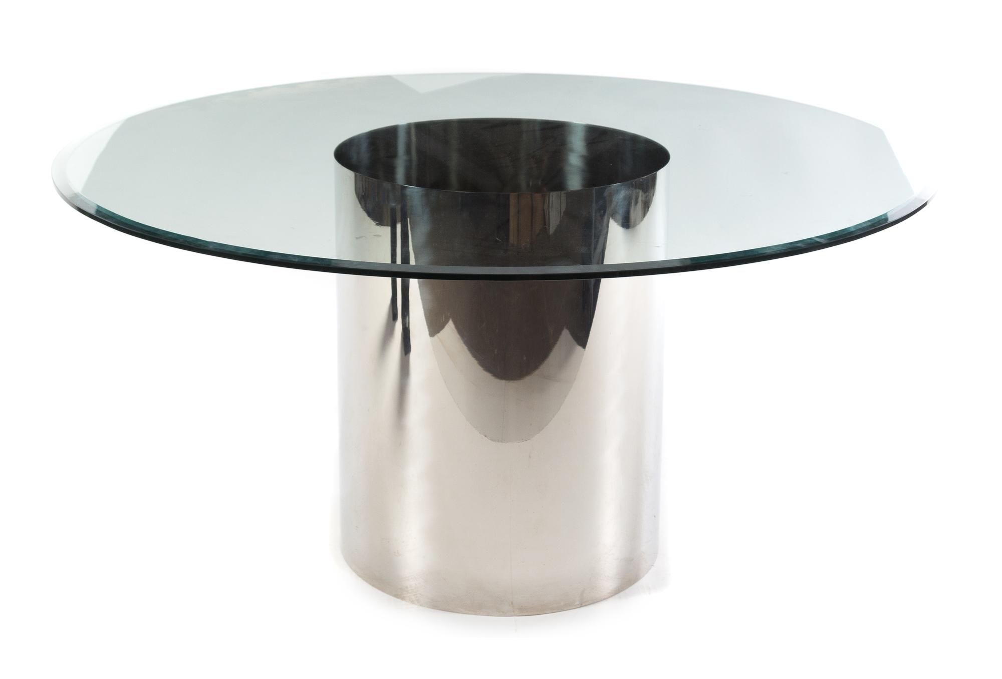 American, c.1980, a chromed metal and glass dining table