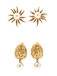 A Collection of 14 Karat Yellow Gold and Cultured Pearl Earrings, 10.10 dwts.