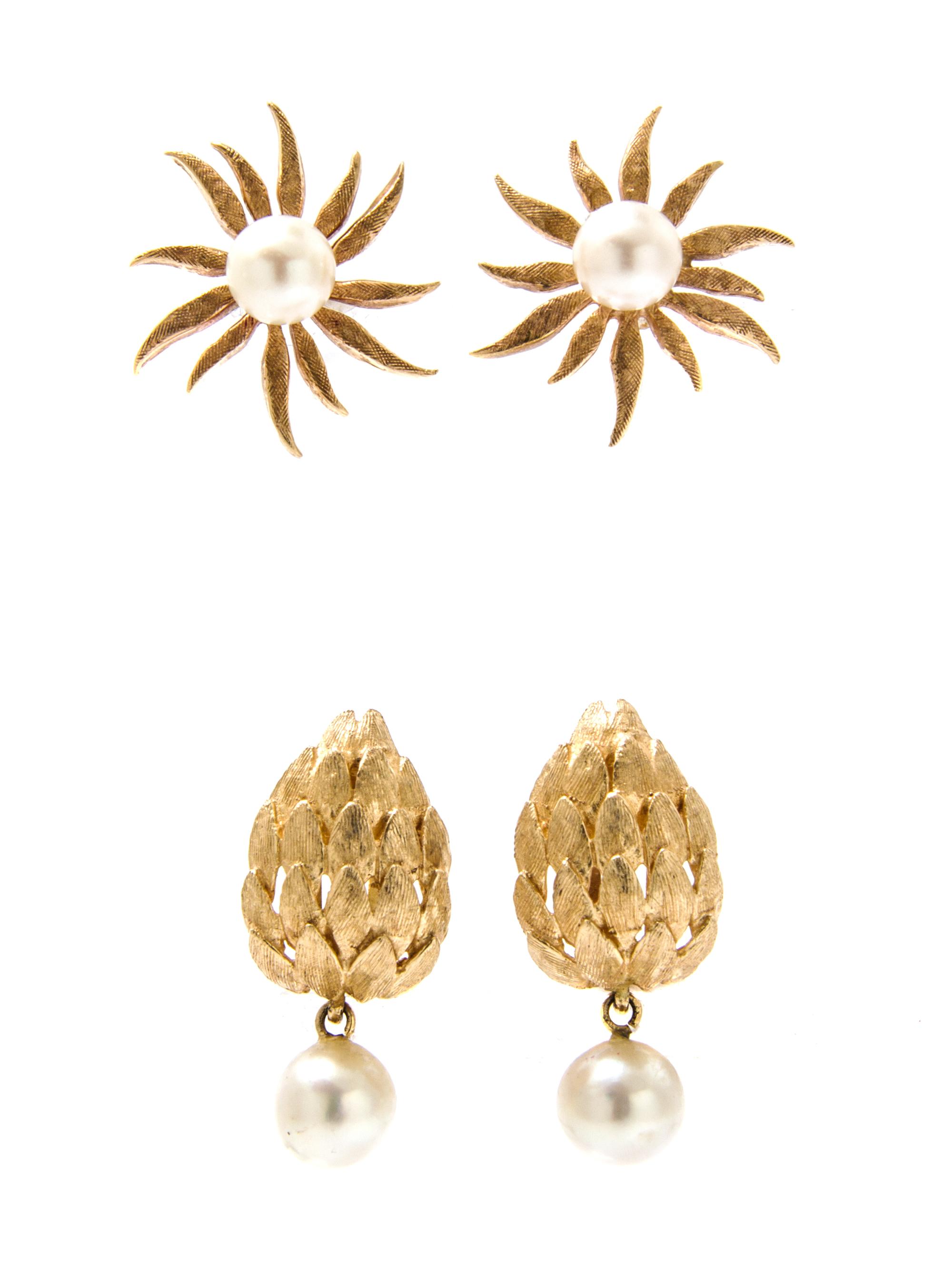 A Collection of 14 Karat Yellow Gold and Cultured Pearl Earrings, 10.10 dwts.