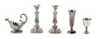 A Group of Five Silver Table Articles, Harry Smith, Perrysville, IN, comprising two candlesticks, a sauce boat and two goblets of varyi