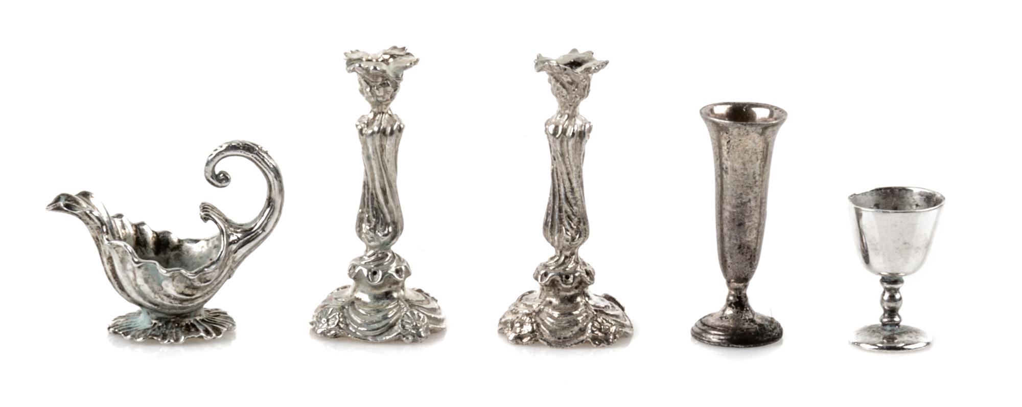 A Group of Five Silver Table Articles, Harry Smith, Perrysville, IN, comprising two candlesticks, a sauce boat and two goblets of varyi