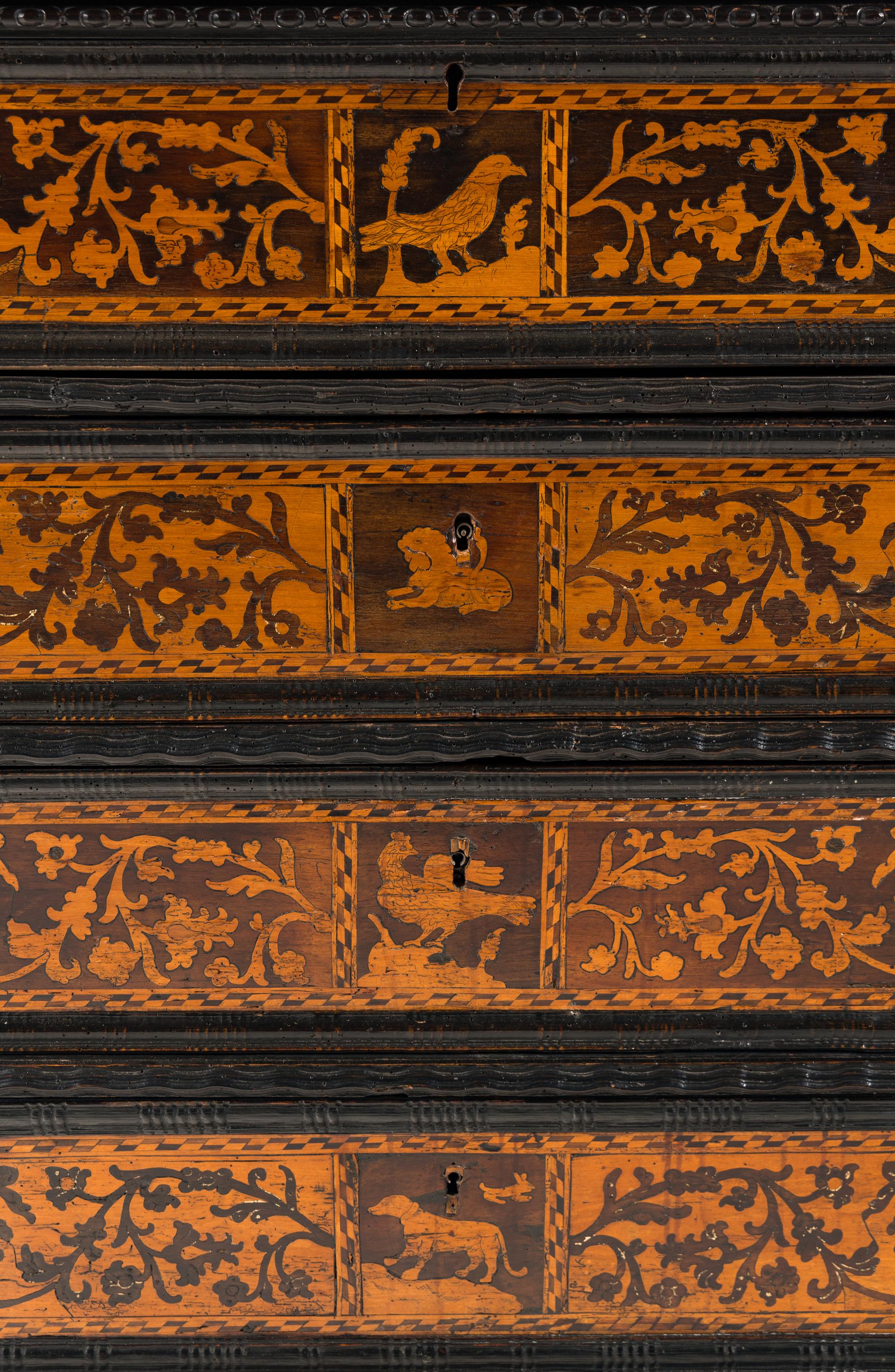 An Italian Baroque Marquetry and Part-Ebonized Bureau Chest