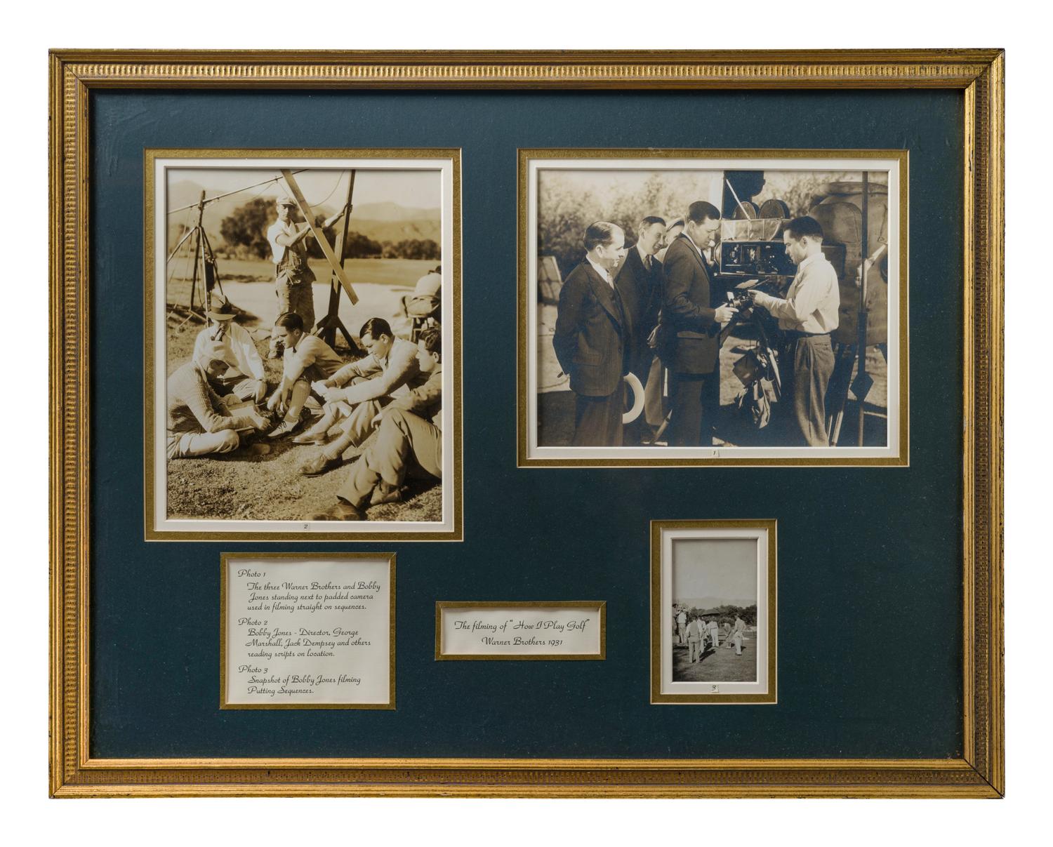 A Framed Display of Bobby Jones Memorabilia from the Filming of How I Play Golf