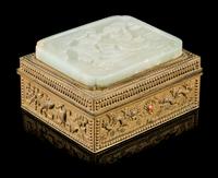A Celadon Jade Inset Brass Box Length 5 5/8 inches. — JADE: 19TH CENTURY