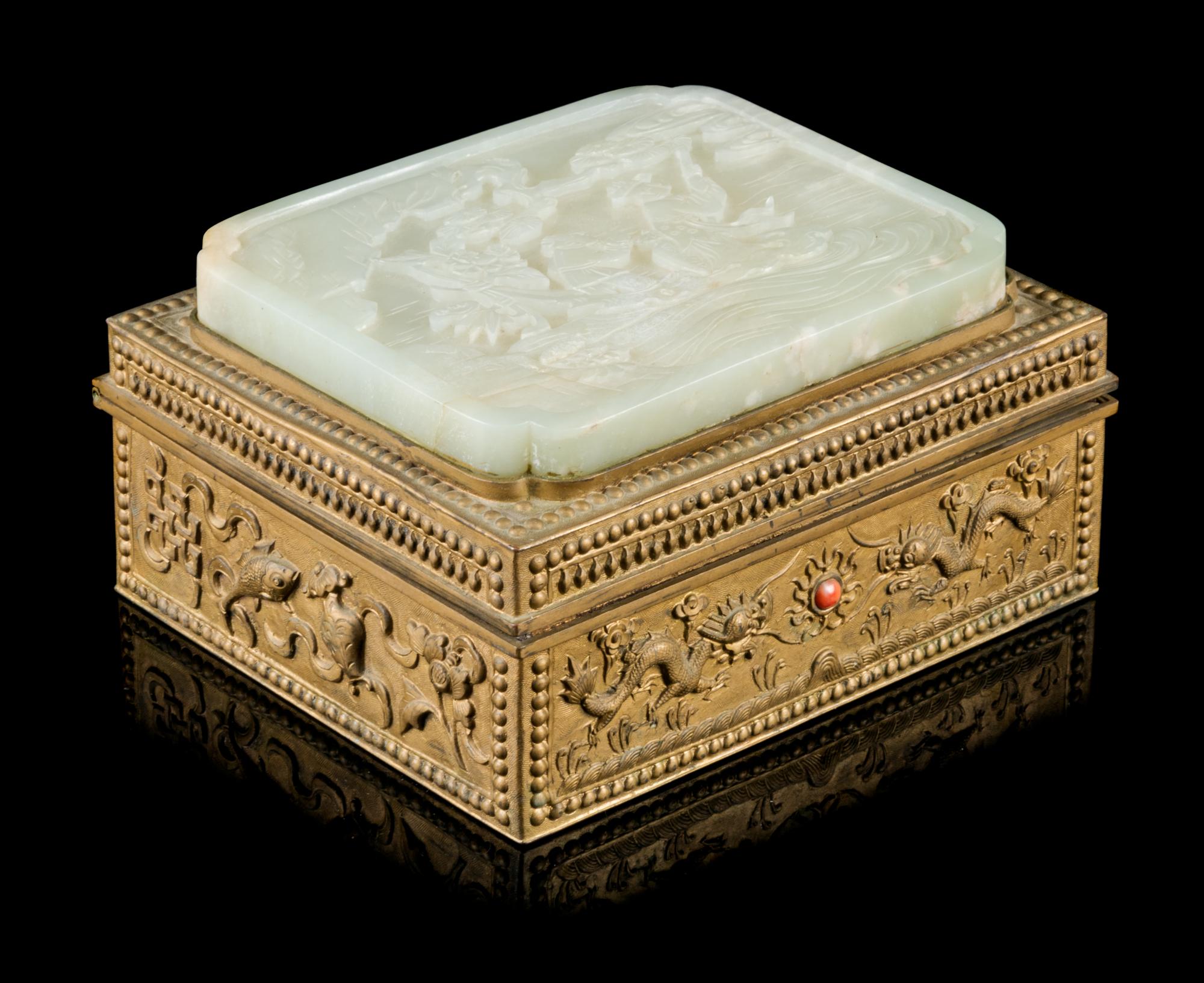 A Celadon Jade Inset Brass Box Length 5 5/8 inches. — JADE: 19TH CENTURY