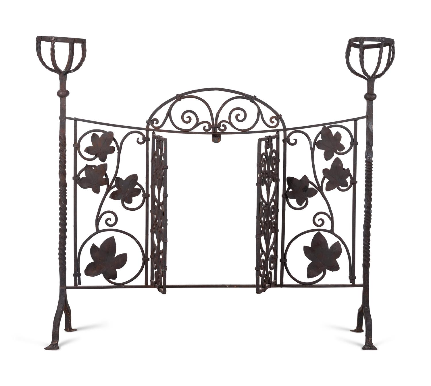 A French Wrought Iron Fire Screen with Posset Cup Holders and a Set of Tools