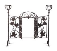 A French Wrought Iron Fire Screen with Posset Cup Holders and a Set of Tools