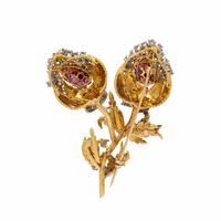 YELLOW GOLD, RUBY, AND DIAMOND FLORAL AND FOLIATE BROOCH