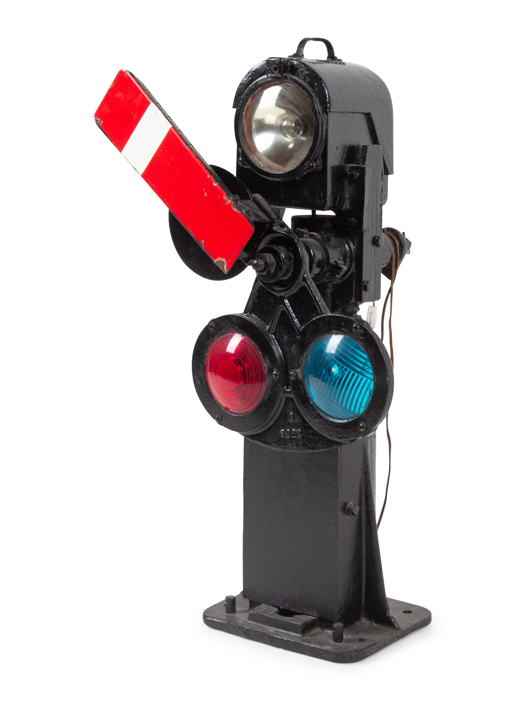 A Painted Metal Three-Light Railroad Switch Semiphore Signal
