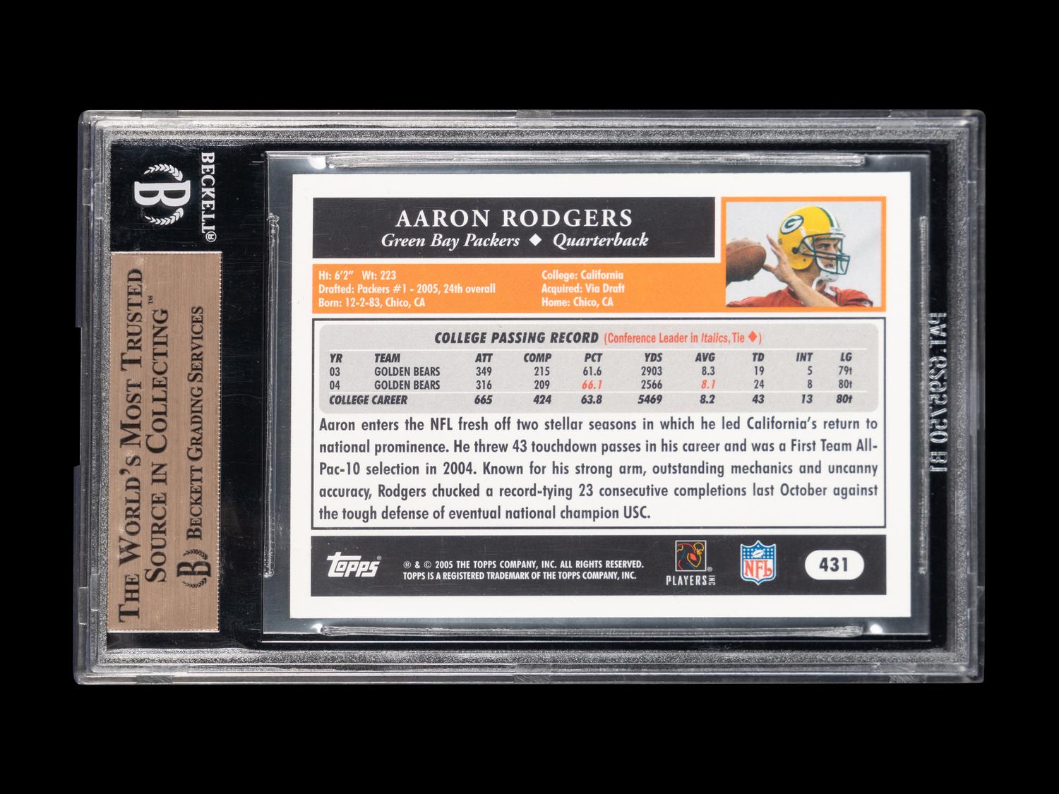 A 2005 Topps Aaron Rodgers Rookie Football Card No. 431 (BGS 9.5 GEM MINT)