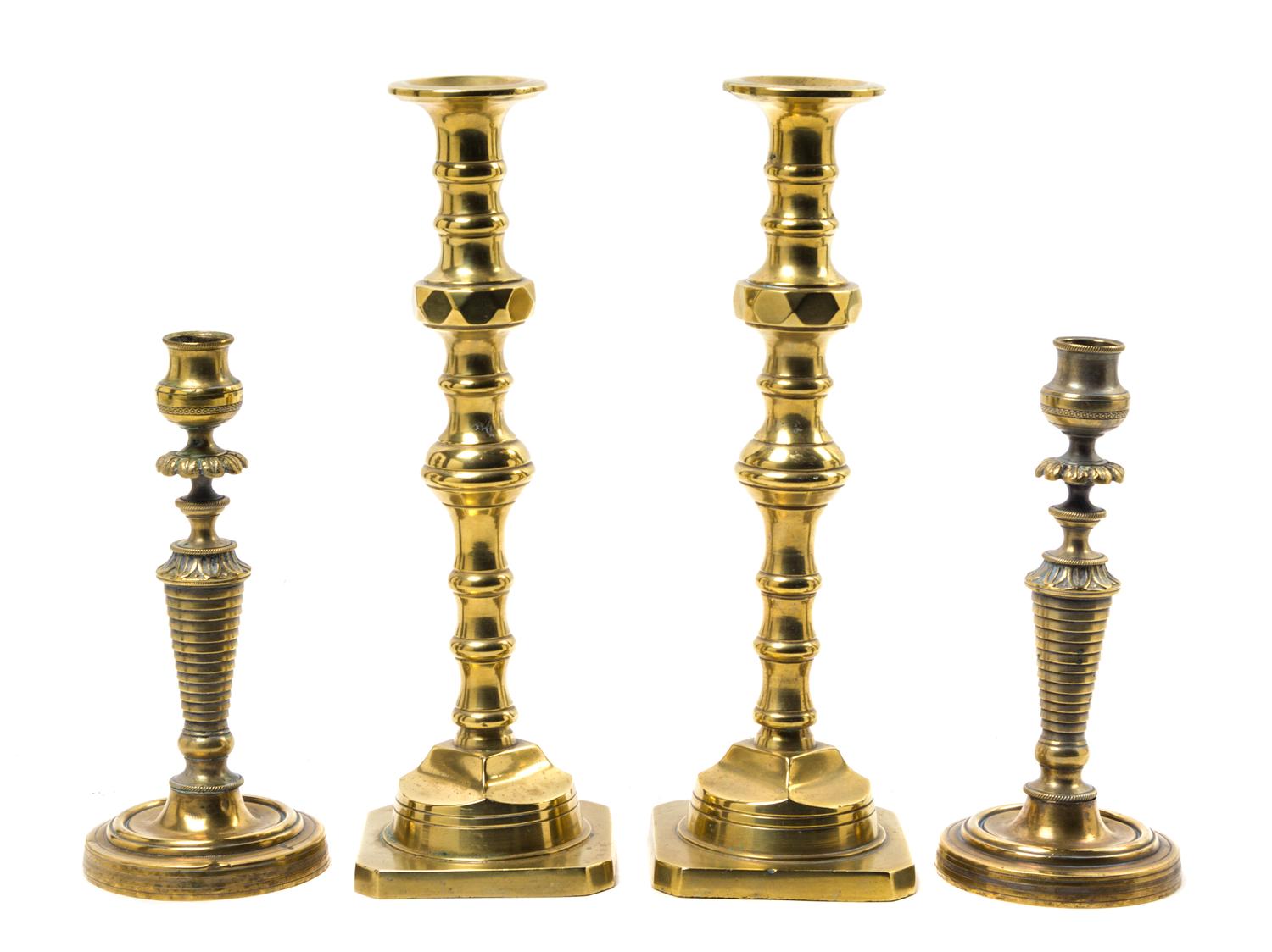 Two Pairs of Brass Candlesticks Height of first 12 inches. — 18TH CENTURY