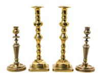 Two Pairs of Brass Candlesticks Height of first 12 inches. — 18TH CENTURY