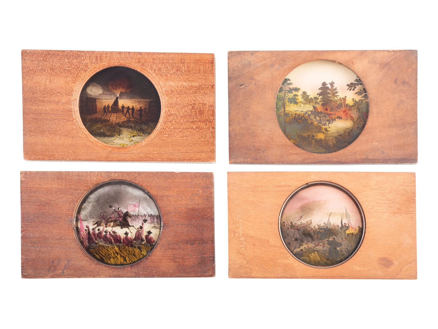 [CIVIL WAR - MAGIC LANTERN SLIDES]. An extensive collection of 250+ hand-colored glass slides featuring illustrations of Civil War campaigns, battles, and naval engagements, including: