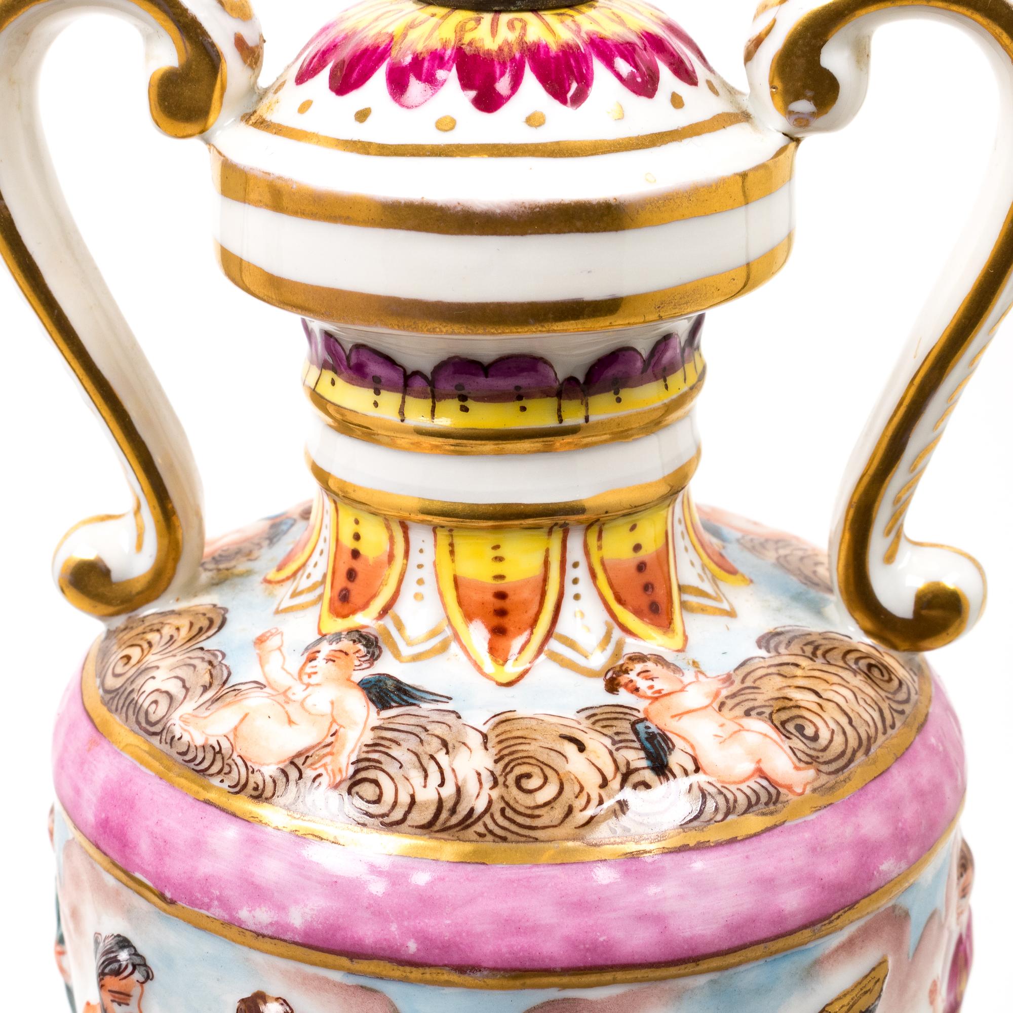 A Pair of Capodimonte Porcelain Urns Mounted as Lamps
