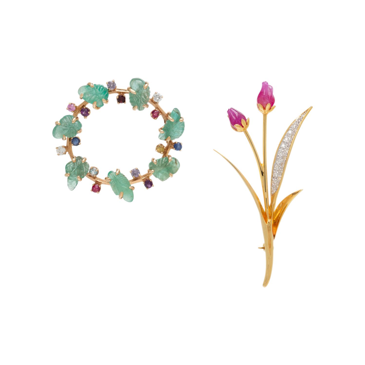 COLLECTION OF YELLOW GOLD, MULTIGEM, AND DIAMOND BROOCHES