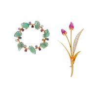 COLLECTION OF YELLOW GOLD, MULTIGEM, AND DIAMOND BROOCHES