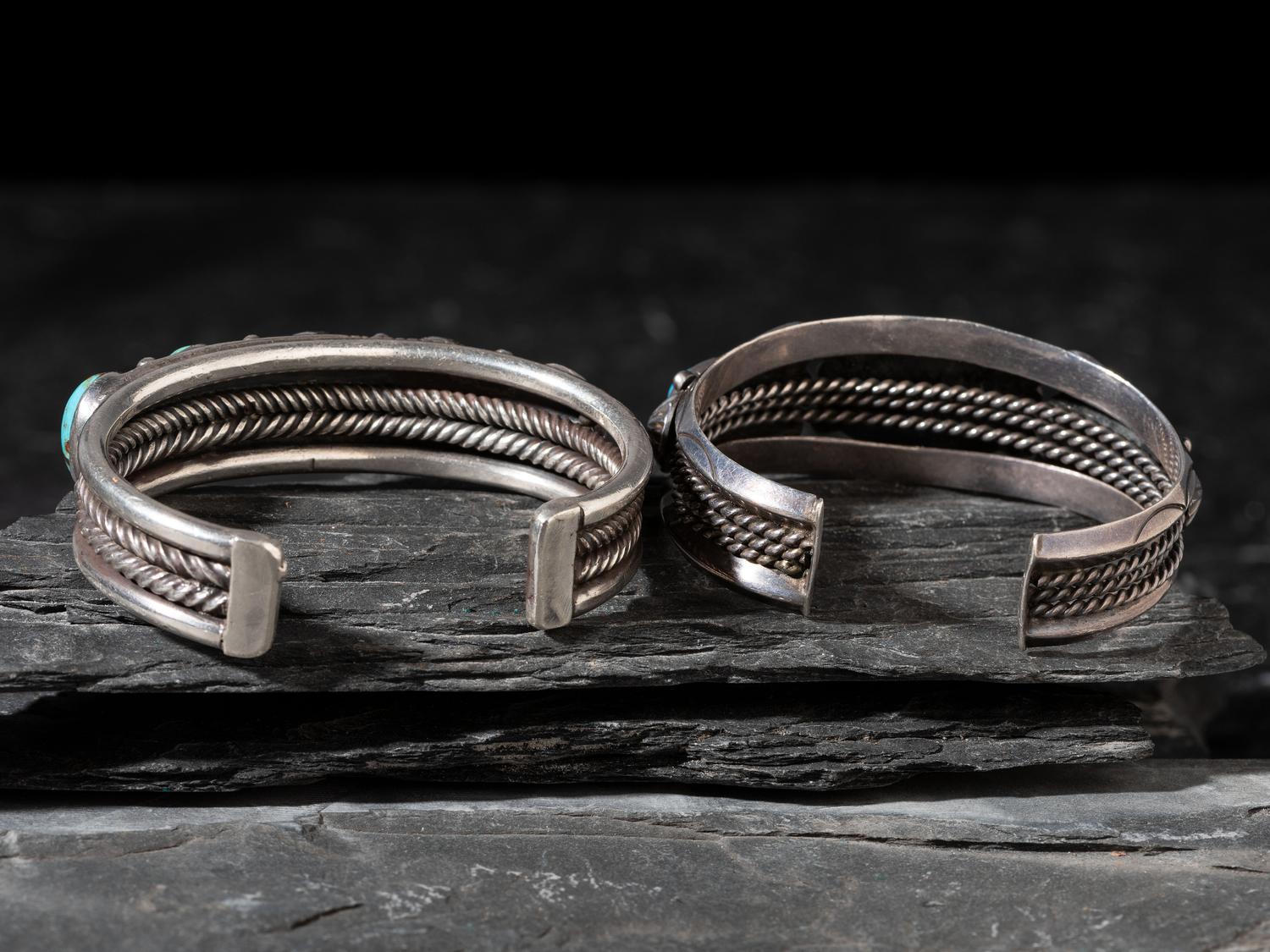 Pair of Navajo Silver and Turquoise Cuff Bracelets