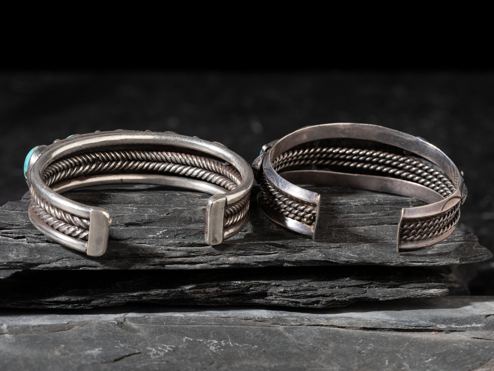 Pair of Navajo Silver and Turquoise Cuff Bracelets