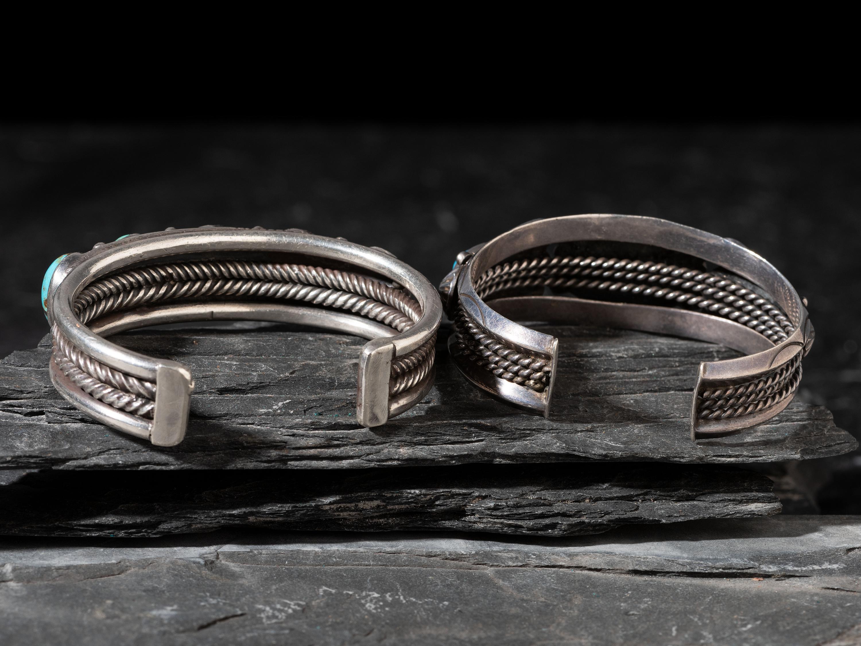 Pair of Navajo Silver and Turquoise Cuff Bracelets