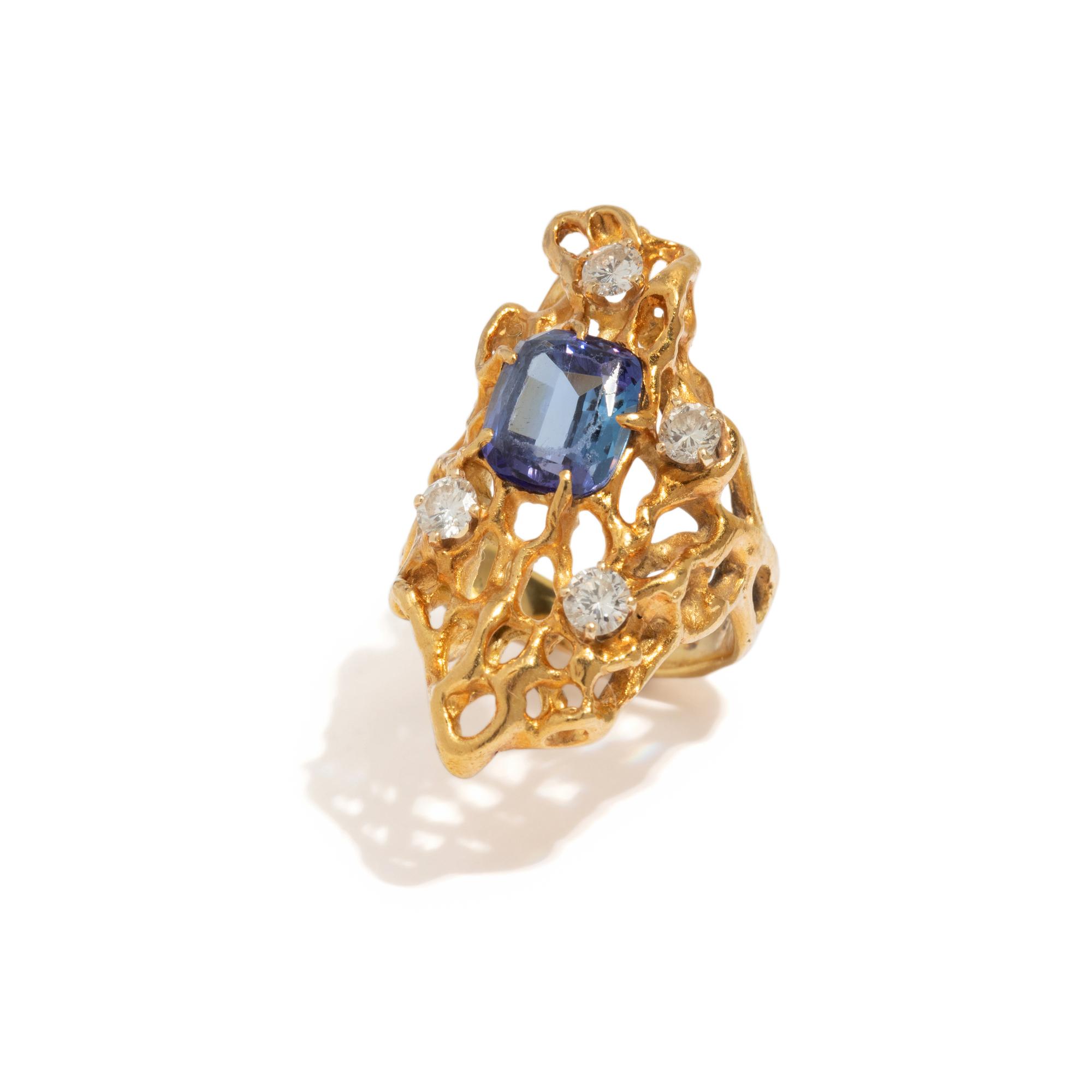MODERNIST YELLOW GOLD, TANZANITE, AND DIAMOND RING