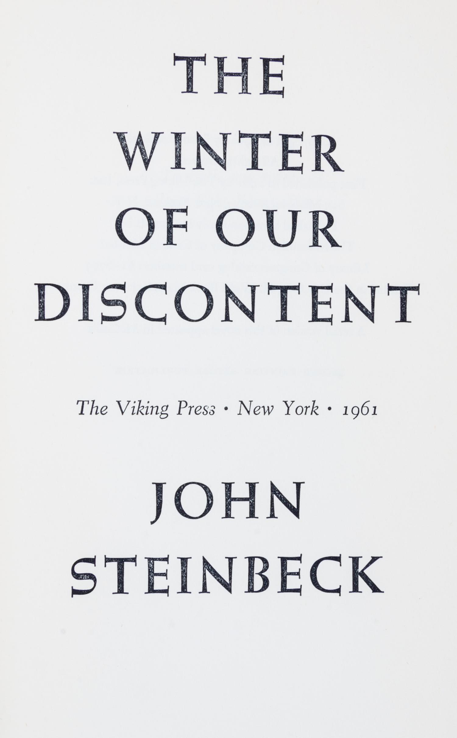 STEINBECK, JOHN. Two first editions, East of Eden [and] Winter of Our Discontent. NY, 1952, 1961.