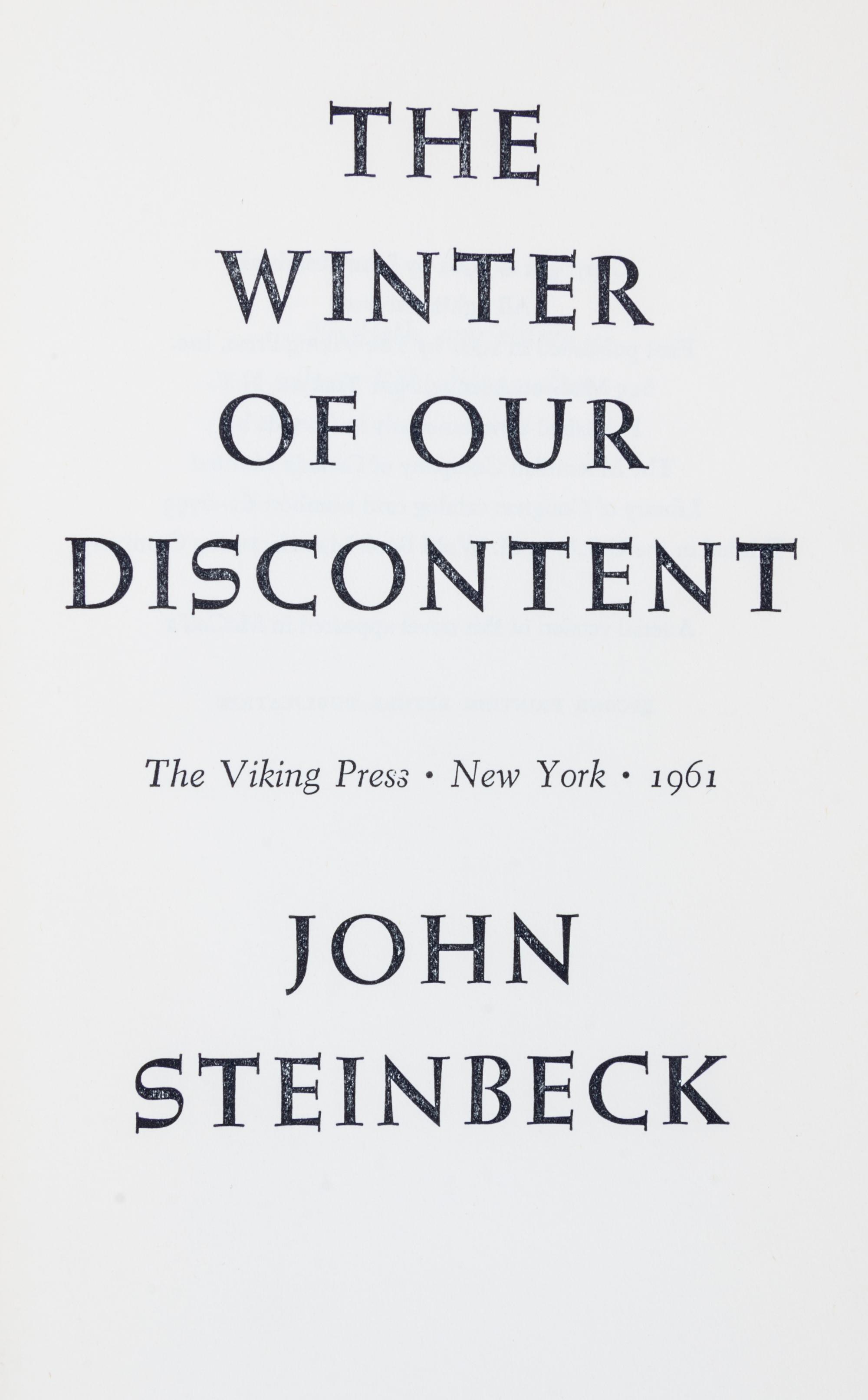 STEINBECK, JOHN. Two first editions, East of Eden [and] Winter of Our Discontent. NY, 1952, 1961.