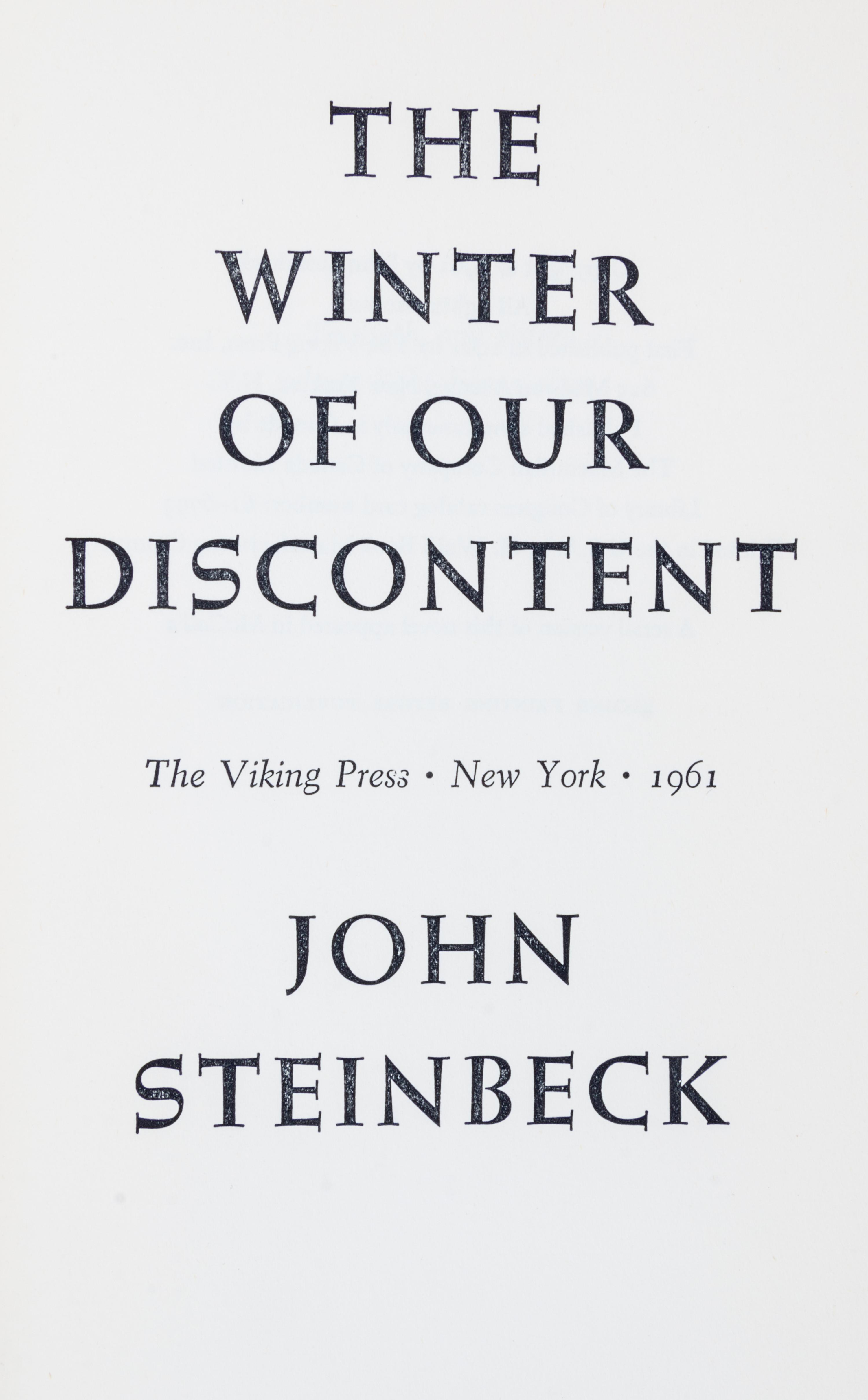 STEINBECK, JOHN. Two first editions, East of Eden [and] Winter of Our Discontent. NY, 1952, 1961.