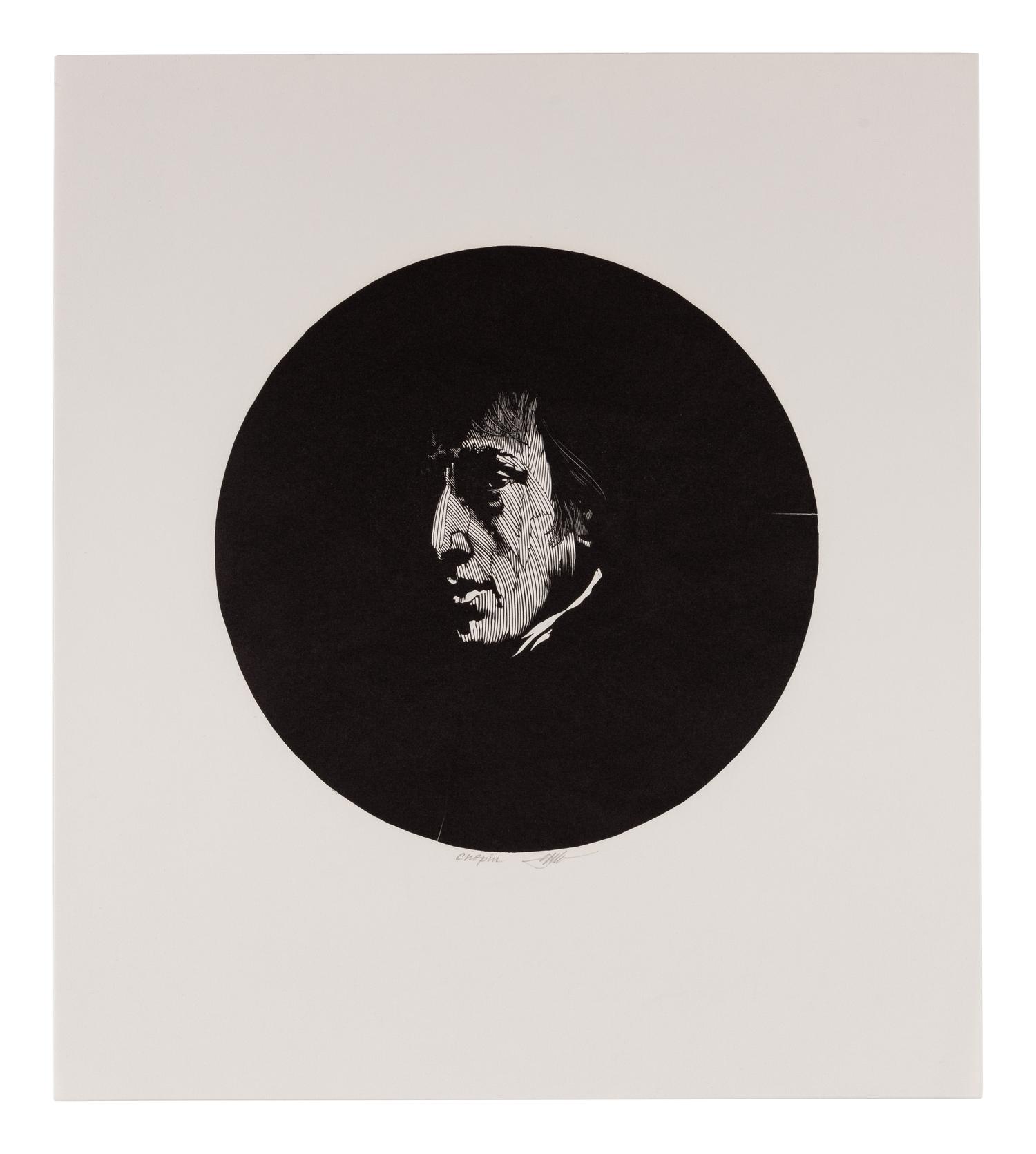 MOSER, Barry. Portrait of Chopin. [ca 1984]. 344 x 305mm. Wood engraving. Signed and captioned by Moser.