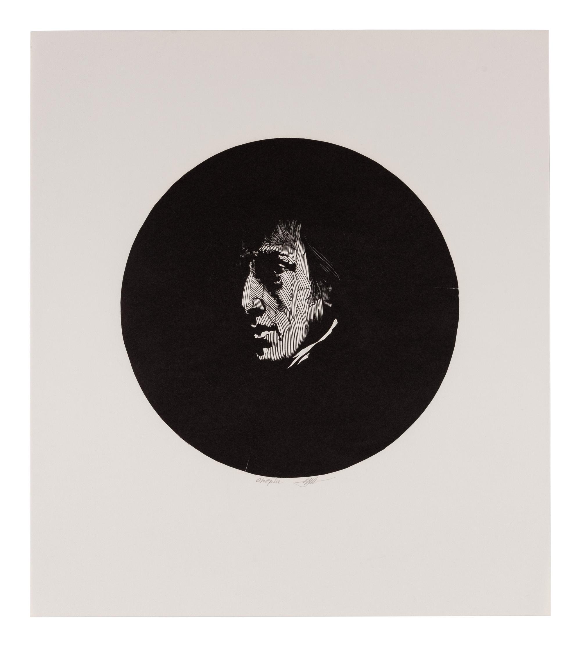 MOSER, Barry. Portrait of Chopin. [ca 1984]. 344 x 305mm. Wood engraving. Signed and captioned by Moser.
