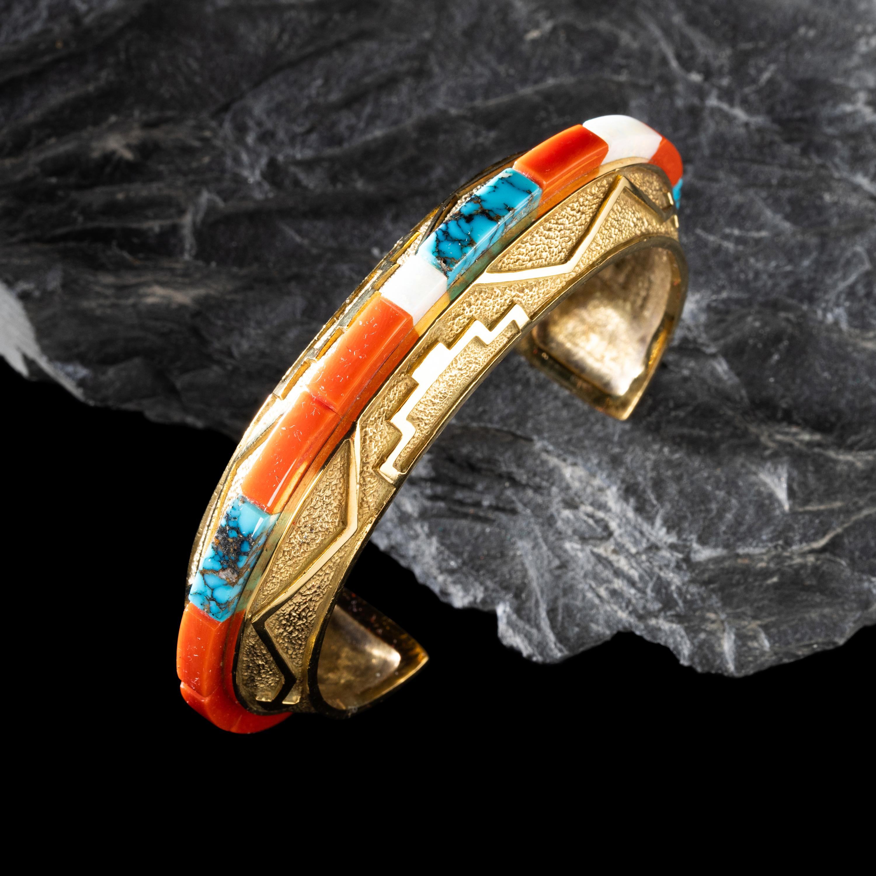Don Supplee (Hopi, b. 1965) — 18K Gold, Coral, Turquoise, and Opal Cuff Bracelet