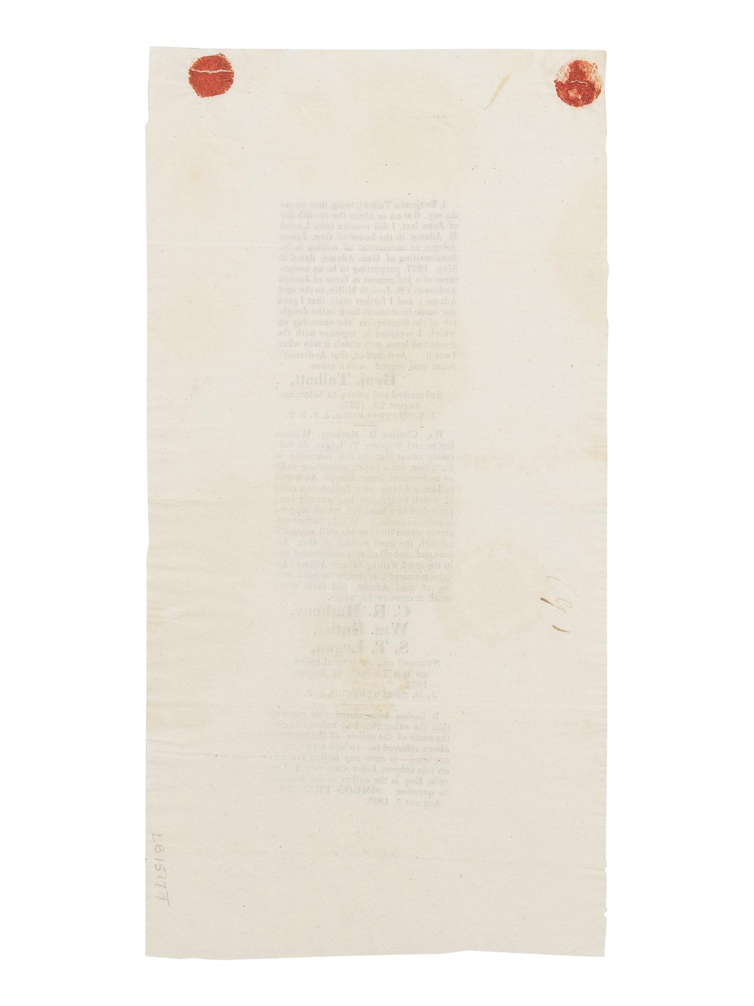 LINCOLN, Abraham (1809-1865). To the Public ... [The Adams Handbill] . Springfield, Illinois, 5 August 1837.
