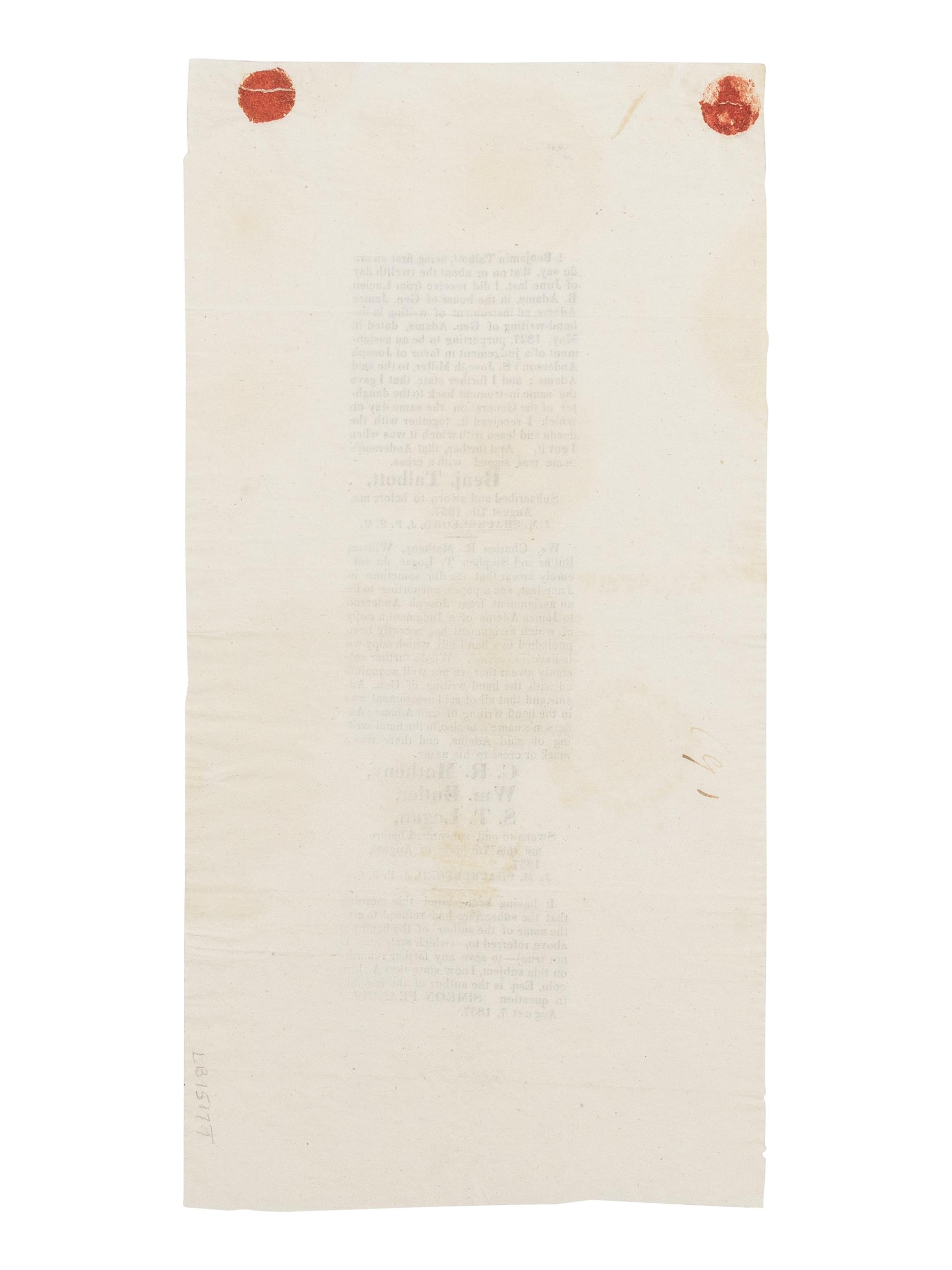 LINCOLN, Abraham (1809-1865). To the Public ... [The Adams Handbill] . Springfield, Illinois, 5 August 1837.