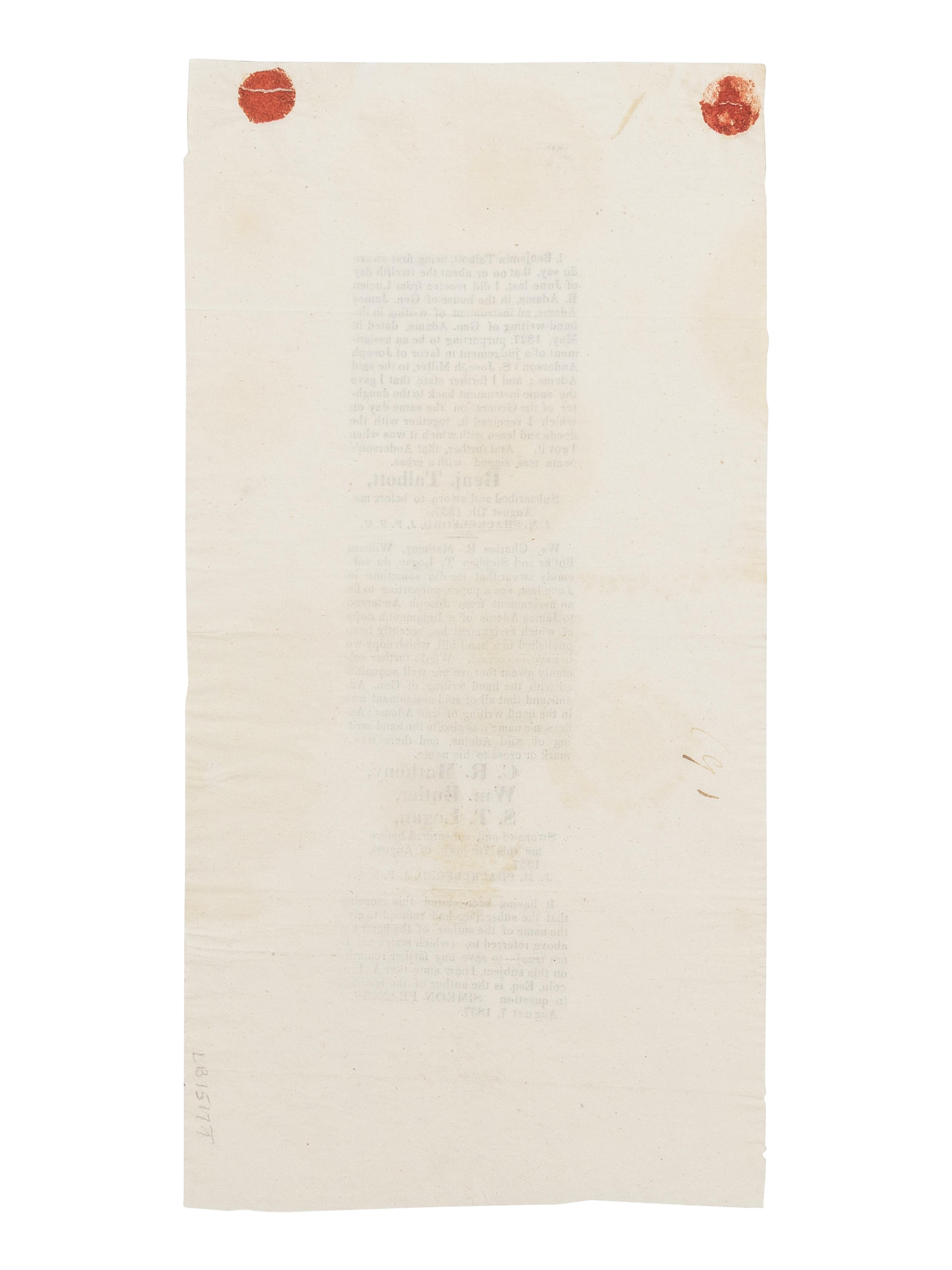 LINCOLN, Abraham (1809-1865). To the Public ... [The Adams Handbill] . Springfield, Illinois, 5 August 1837.