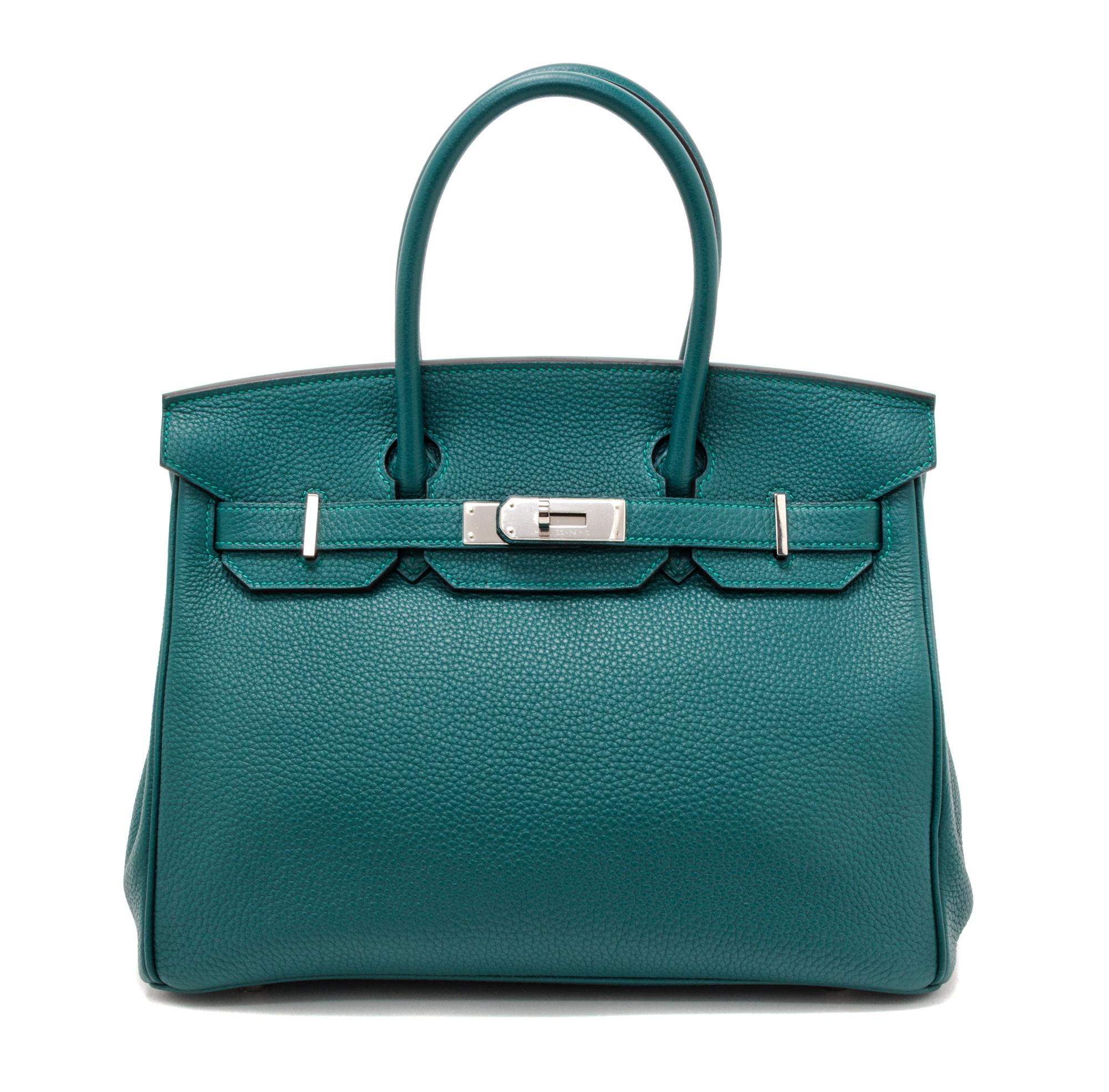 An Hermes Malachite Togo 30cm Birkin Handbag, 12" x 8.5" x 6".