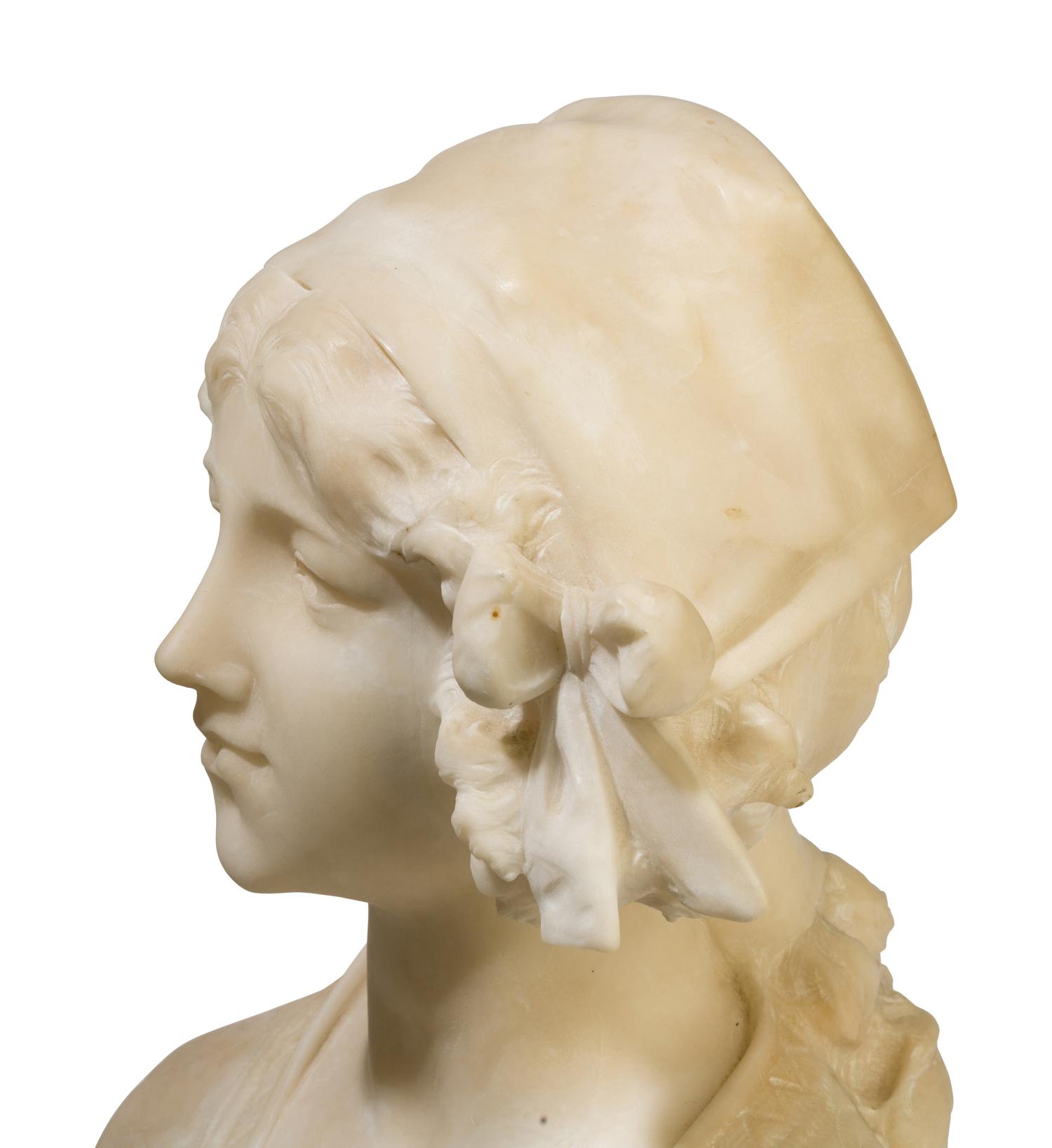 An Italian Carved Alabaster Bust of a Young Girl on a Marble Base