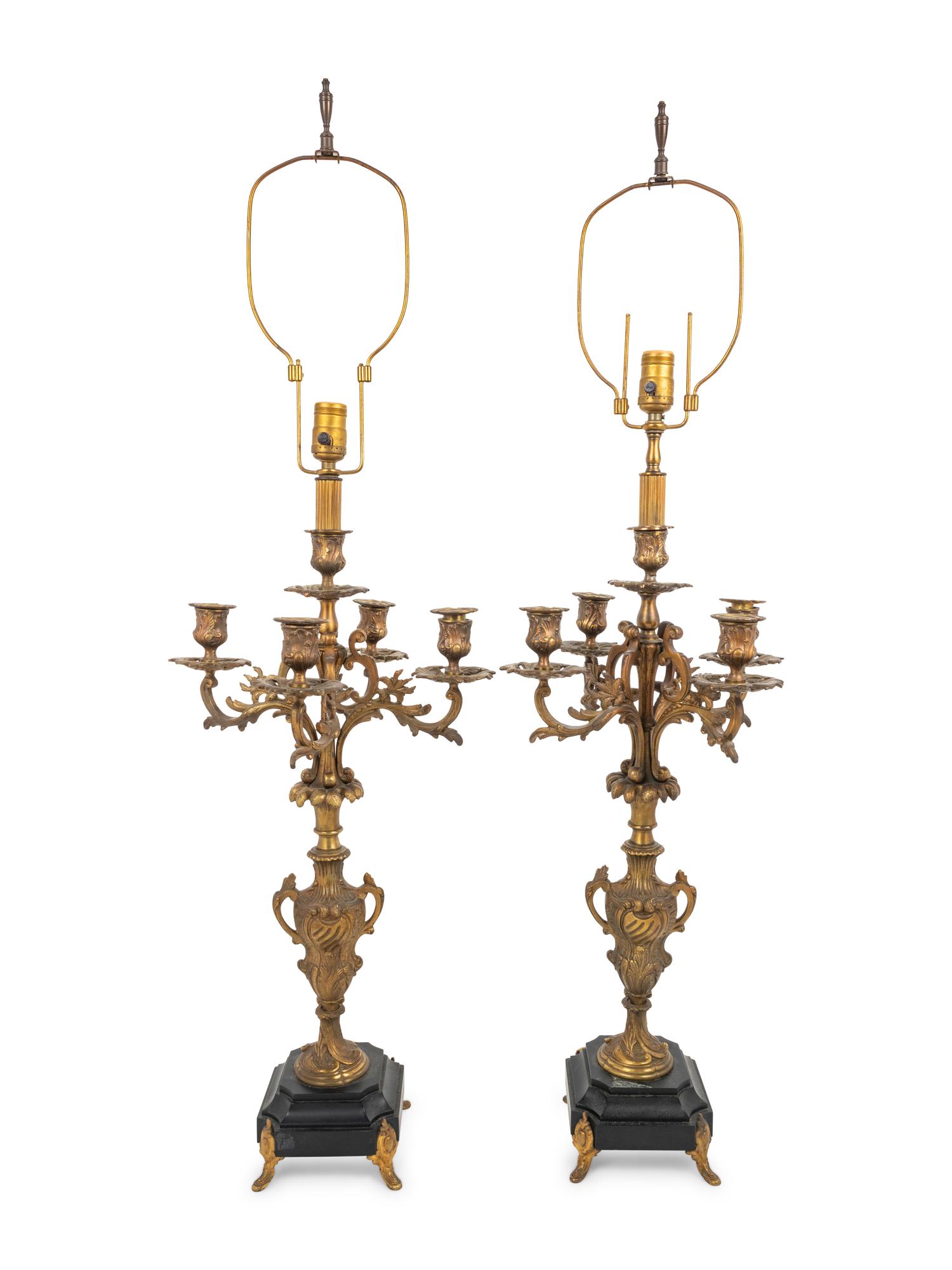 A Pair of French Gilt Metal Five-Light Candelabra Mounted as Lamps