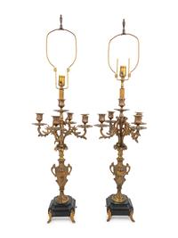 A Pair of French Gilt Metal Five-Light Candelabra Mounted as Lamps